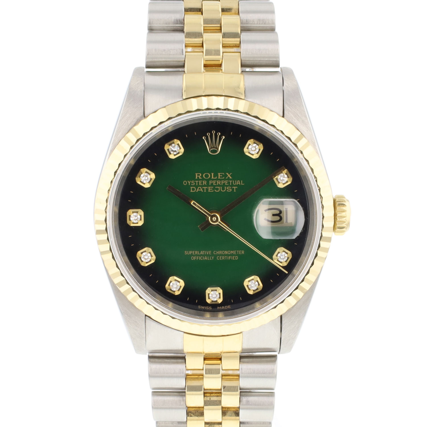 Datejust 36 Jubilee Fluted Green Vignette Diamond Dial Rolex Verkochte horloges Juwelier Burger